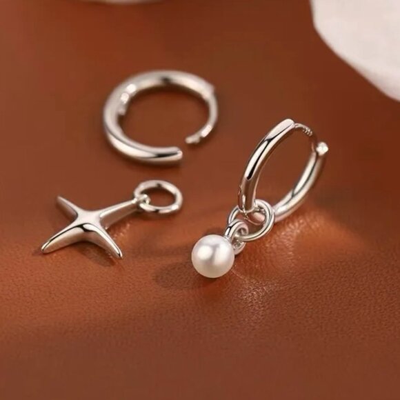 Sterling Silver Hoop Earrings with Pearl & Star Charms - Picture 2 of 9